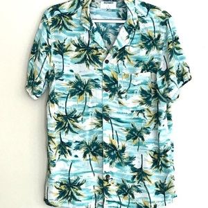 Old Navy Button Up Shirt Men's L Short Sleeve Multicolor Palm Print Rayon